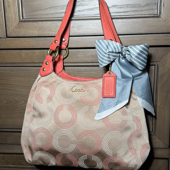 Coach Op Art Hobo Shoulder Bag — Tan & Coral/Salmon  - AS IS - Picture 1 of 15